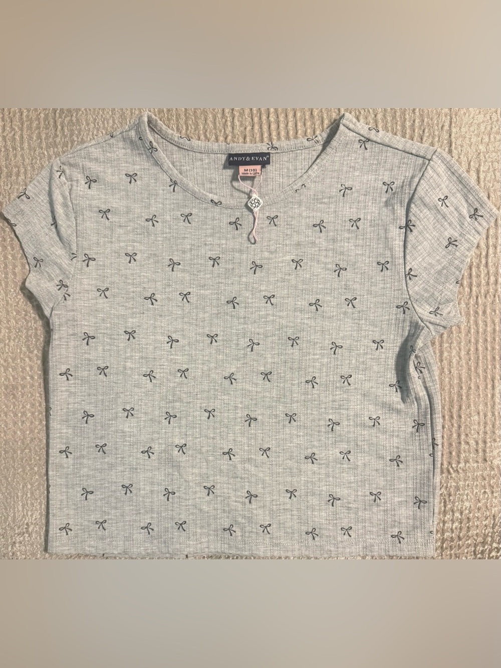 Andy & Evan Girls Bow Print Ribbed Tee Gray Size 10 NWT Soft Stretch Shirt